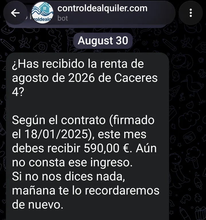 Ejemplo del mensaje de Telegram con el que controldealquiler.com pregunta si has recibido la renta del mes, con el importe que marca el contrato.