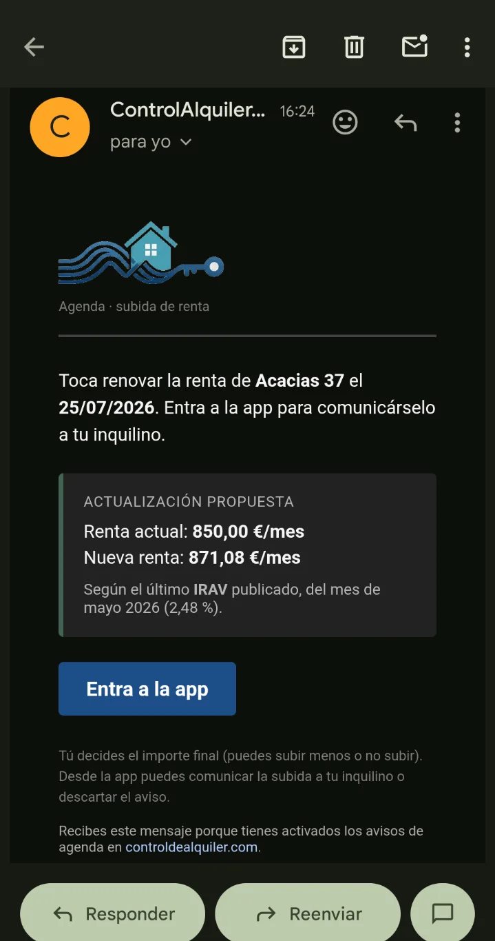 Ejemplo del email de aviso de subida de renta que envía controldealquiler.com, con la renta actual, la nueva renta propuesta y el índice IRAV aplicado.