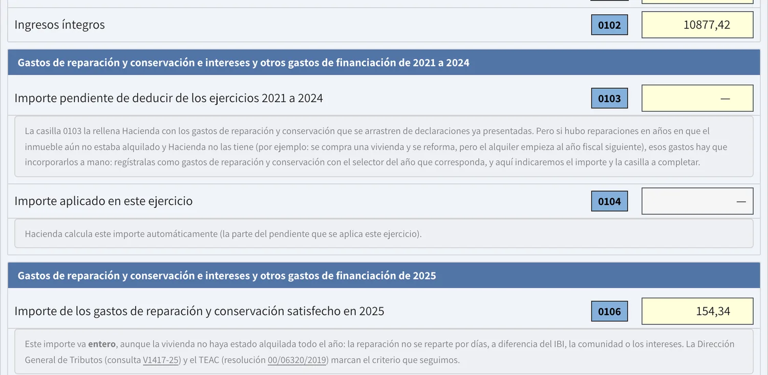 Pestaña Declaración con las casillas del modelo 100 como en Renta Web: ingresos íntegros (0102) y gastos de reparación (0103, 0104, 0106)