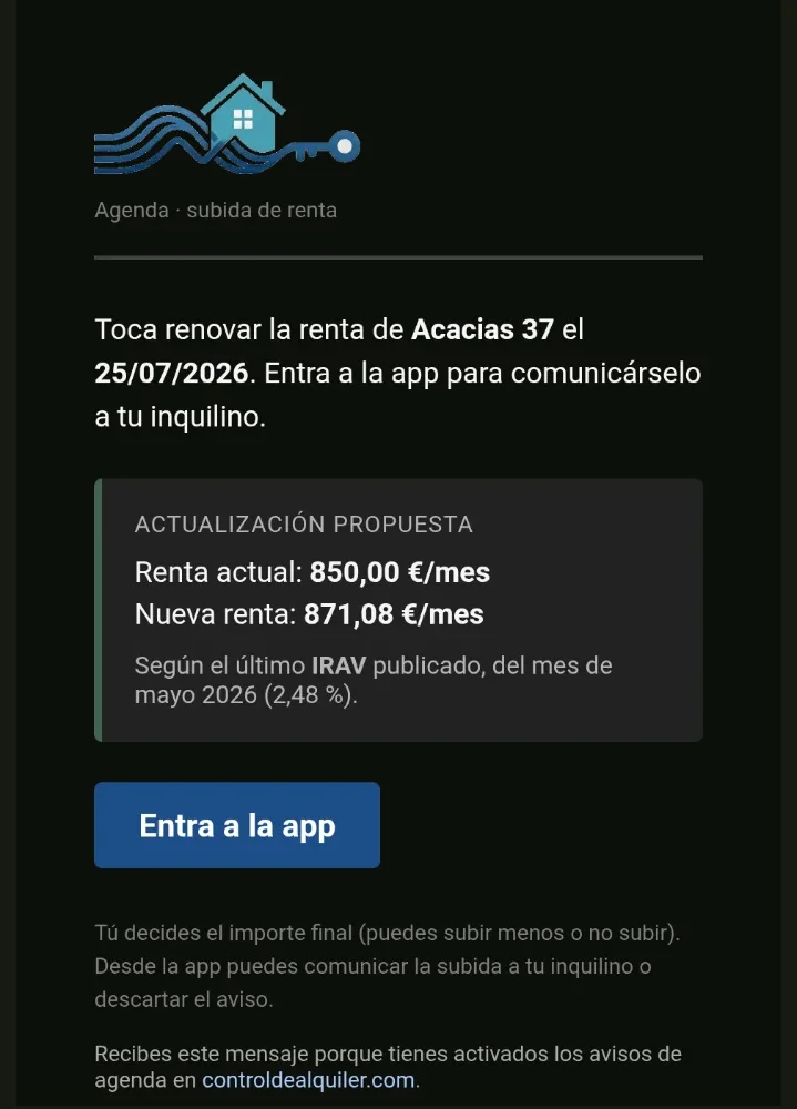 Captura del aviso de subida de renta por correo
