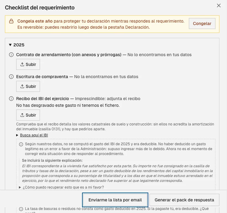 Checklist del requerimiento: qué documentos faltan, la explicación que se incluirá y el botón para generar el pack de respuesta
